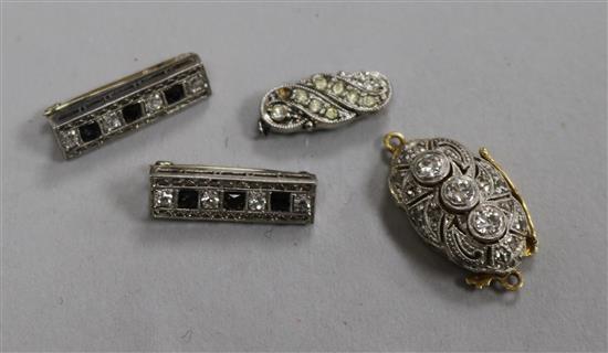 A pair of 14ct gold and gem set small bar brooches, a diamond set yellow metal clasp and a silver clasp.